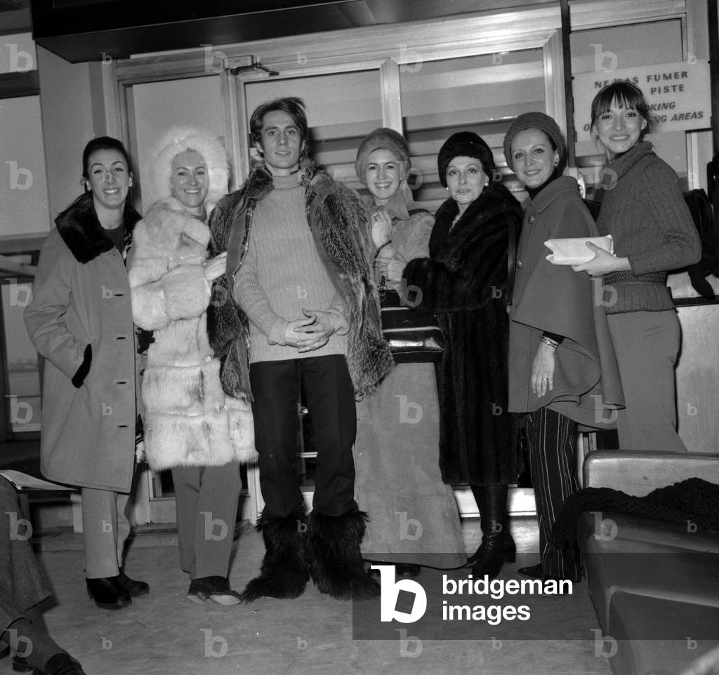 Dancers of the Opera Paris Ballet for USSR, here at Bourget airport, Paris, December 26, 1969 : Claire Motte, Claude Bessy, Jean-Pierre Bonnefous, Jacqueline Rayet, Yvette Chauvire, Josette Amiel (b/w photo)