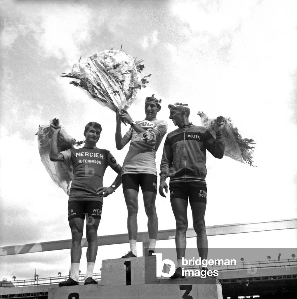 Arrival of Tour De France in Paris July 14, 1965 : L-R : Raymond Poulidor (2Nd) Felice Gimondi Winner Et Gianni Motta (3Rd) (b/w photo)