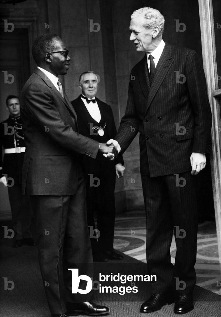 Maurice Couve De Murville Welcomes Leopold Sedar Senghor, President of Senegal. Hotel Matignon, Paris, July 27, 1968 (b/w photo)
