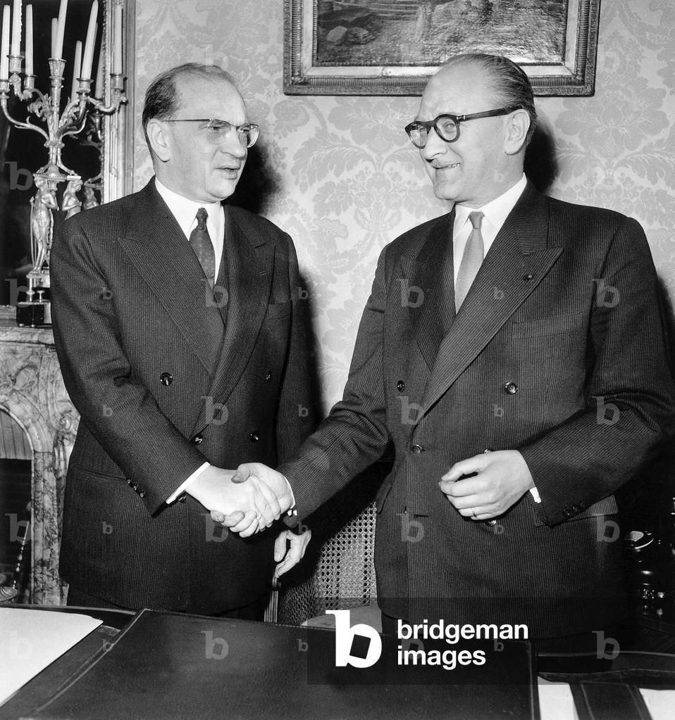 Head of French Government Guy Mollet With Predecessor Edgar Faure during Transfer of Powers February 1, 1956 at The Time of War in Algeria (b/w photo)