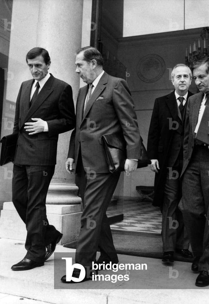 French Ministers Francois Leotard, Charles Pasqua, Edouard Balladur and Michel Aurillac Leaving Elysee Palace in Paris, After Council of Ministers, October 23, 1987 (b/w photo)