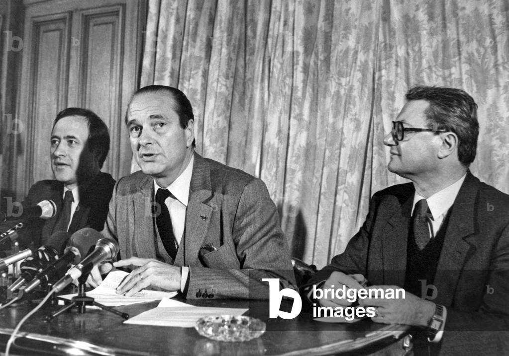 At Paris Town Hall, on December 21, 1982, Jacques Chirac, Mayor of Paris, Is Giving The Name of Candidates of Opposition For Local Elections : L-R : Jean Tiberi, Jacques Chirac and Jacques Dominati (b/w photo)