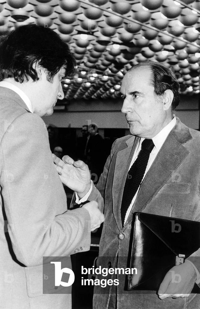 Francois Mitterrand and Jean-Pierre Chevenement on February 12, 1979 (b/w photo)