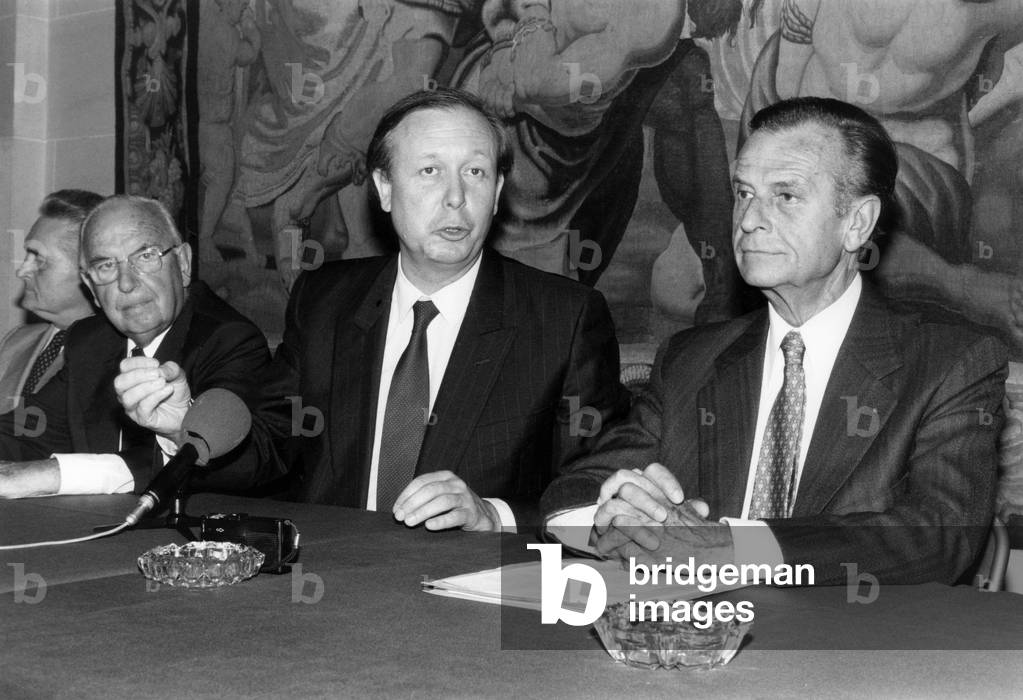 End of The Udf Parliamentary Sessions at Luxembourg Palace in Paris : L-R Adolphe Chauvin, Jean Lecanuet (Udf President) and Jean Pierre Fourcade September 15, 1981 (b/w photo)