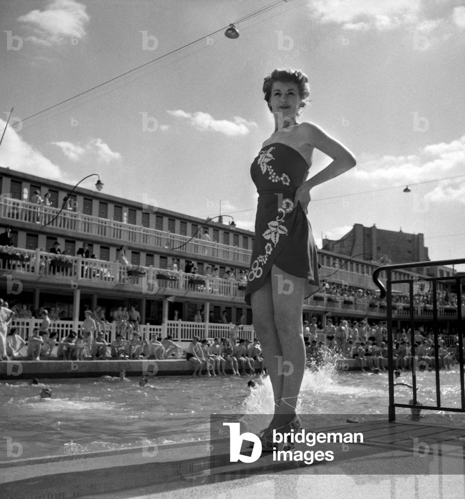 Model wearing swimming suit by Louis Reard, June 12, 1949, 