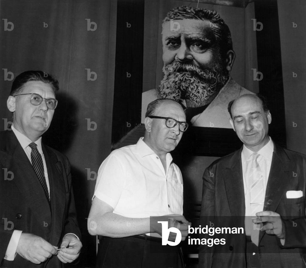 Conference of French Socialist Party, July 9, 1959 : Albert Gazier, Guy Mollet and Gerard Jaquet (b/w photo)