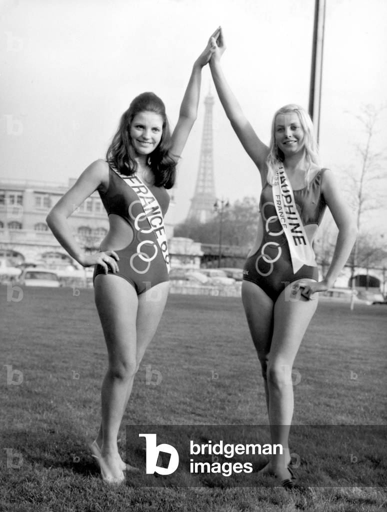Christiane Lillio, Miss France 1968 (Left) With her First Dauphine Marie-Therese Vermont in Paris in Front of Eiffel Tower (b/w photo)