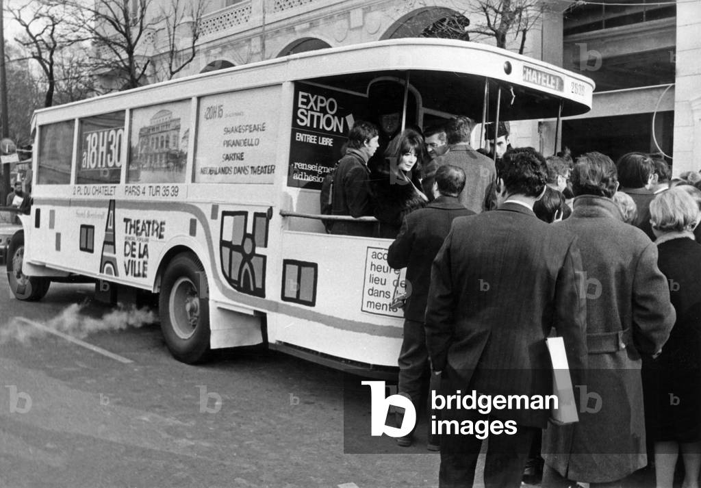 Juliette Greco in A Bus With Advertisement For The Theatre De La Ville, Paris, November 16, 1968 (b/w photo)