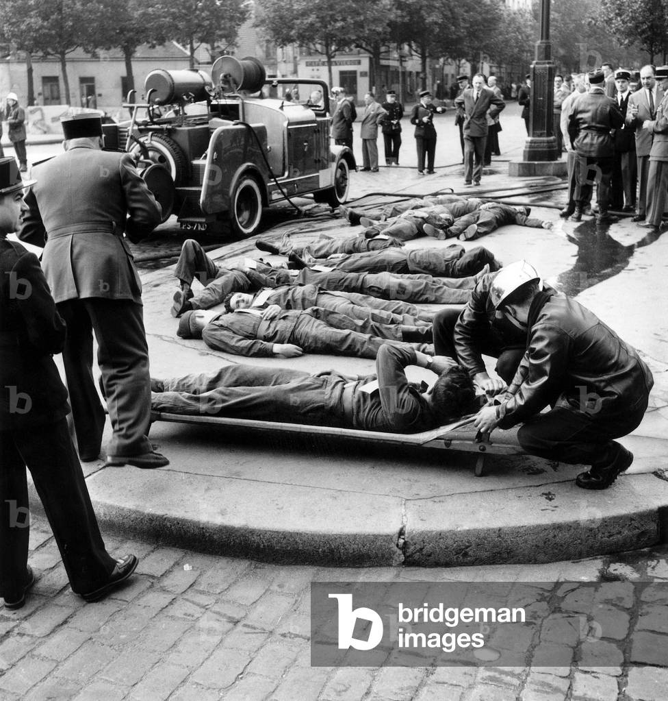 Firemen Training in Paris C. 1955 : Simulation of Car Crash (b/w photo)