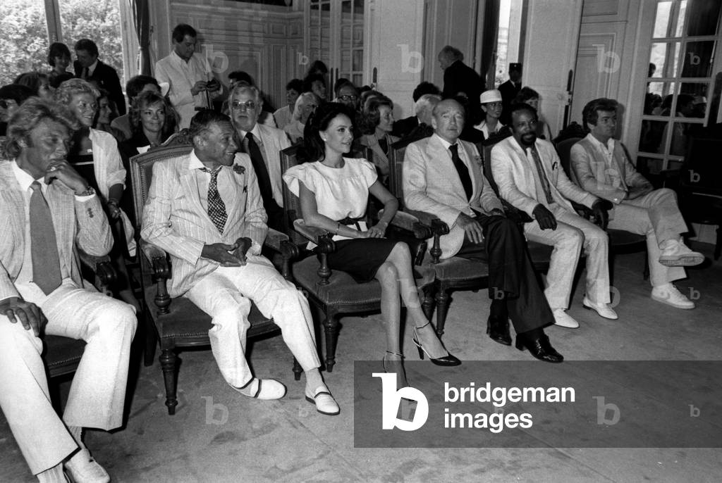 Wedding of Eddie Barclay and Daniele Poinsot (6Th Wife) at The City Hall in Neuilly in Presence of Johnny Hallyday, Henri Salvador and Eddy Mitchell, June 1St, 1982 (b/w photo)
