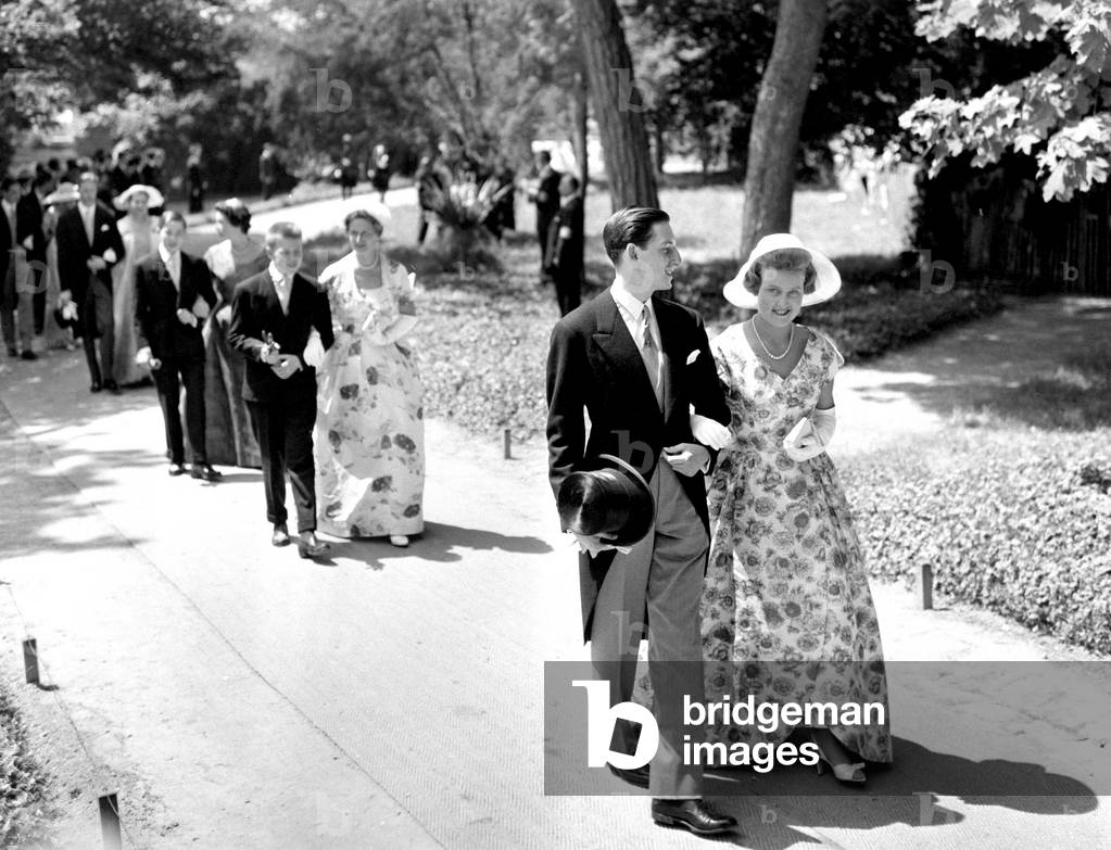 Wedding of Henry of France Count of Clermont , Son of Count-Of-Paris, With Mary Theresa of Wurtemberg July 05, 1957 in Dreux : Arrival of Prince Michael of Greece and Marie-Antoinette of Wurtemberg (b/w photo)
