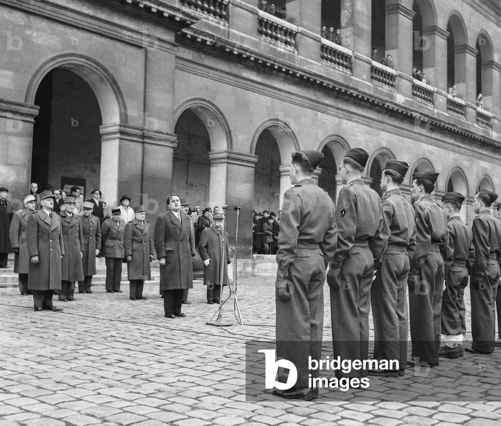Christening of the new promotion of Saint-Cyr Coetquidan military school, at the Invalides, Paris, December 5, 1949 (b/w photo)