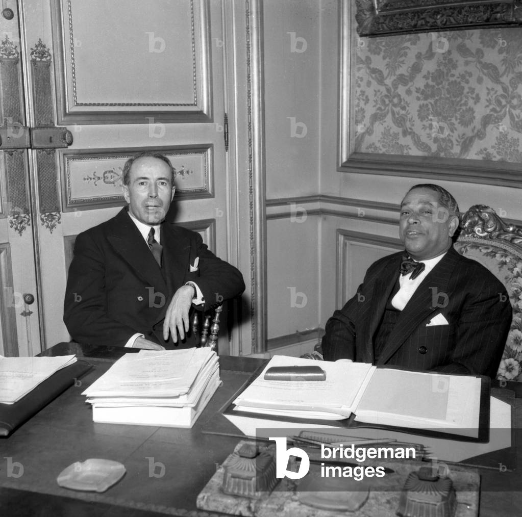 Debates About Agreements of Paris in Senate : Antoine Pinay and Gaston Monnerville, March 23, 1955 (b/w photo)