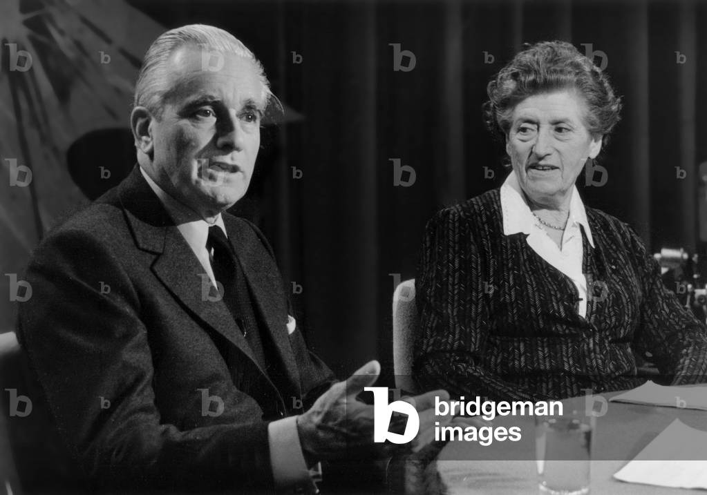 Jacques Chaban Delmas and Lucie Aubrac during TV Programme About Resistance May 9, 1984 (b/w photo)