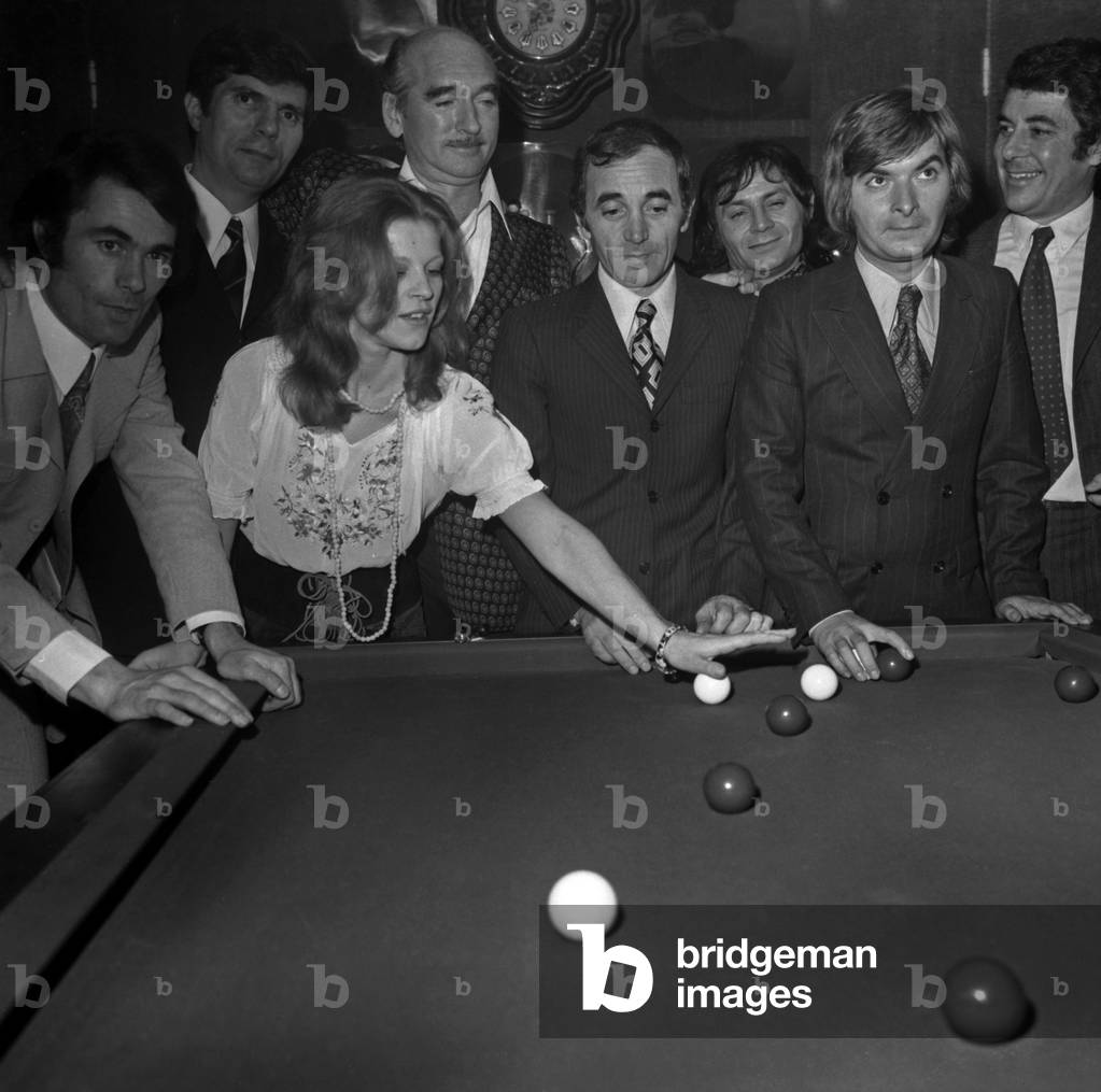 Alain Barriere, Nicoletta, Eddie Barclay, Charles Aznavour, Pierre Vassiliu and Philippe Nicaud, 1970  (b/w photo)