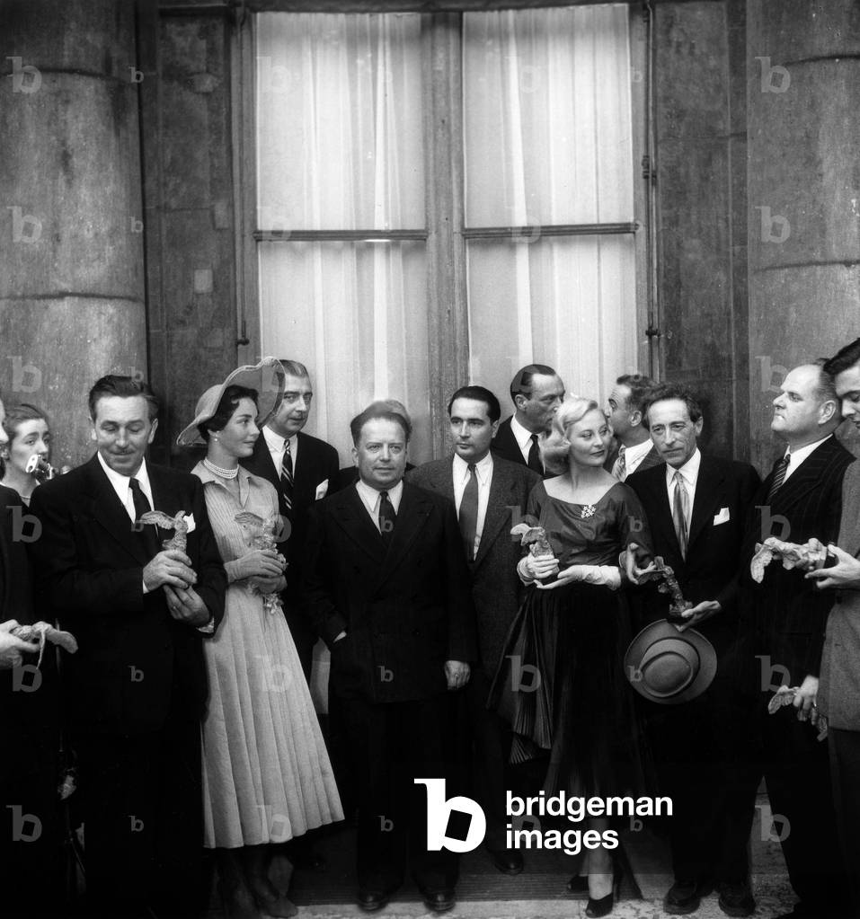 Prize Giving For French Cinema on June 28, 1949 (Walt Disney, Jennifer Jones, Robert Lacoste, Francois Mitterrand, Louis Jouvet, Michele Morgan, Jean Cocteau, Jean Delannoy), in Paris (b/w photo)