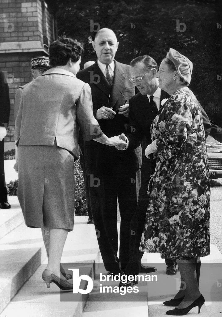 Official Visit By The Royal Family of Holland To Paris Mme De Gaulle Prince Bernhard and Queen Juliana and Charles De Gaulle on The Steps of The Elysees Palace After The Official Lunch September 20, 1961 (b/w photo)