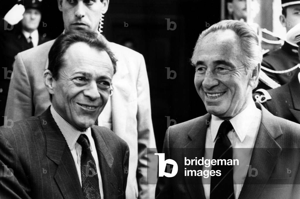 French Prime Minister Michel Rocard With Shimon Peres, Paris, September 23, 1988 (b/w photo)