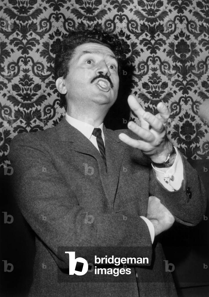 Alain Robbe Grillet Defending his Last Film Trans-Europ-Express (1966) on January 25, 1967 in Paris (Dragon Movie Theatre) (b/w photo)