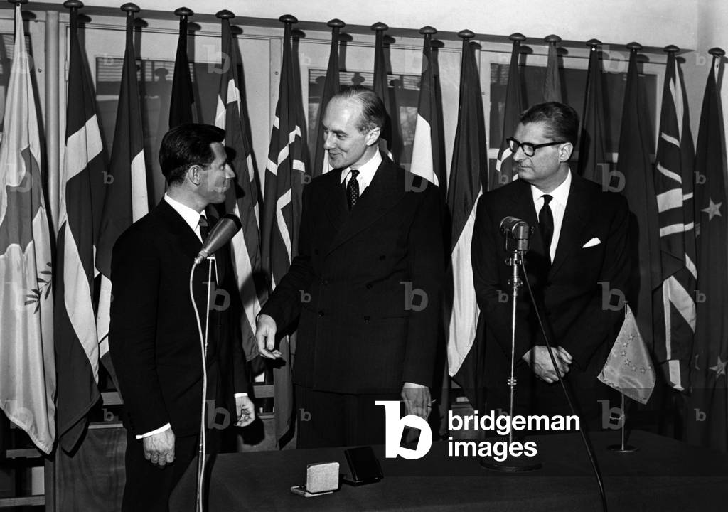 Italian Mountaineer Walter Bonatti Receiving A Medal in Strasbourg From General Secretary of Council of Europe, 1965 : L-R : Walter Bonatti, Peter Smithers and Alessandro Marieni (b/w photo)