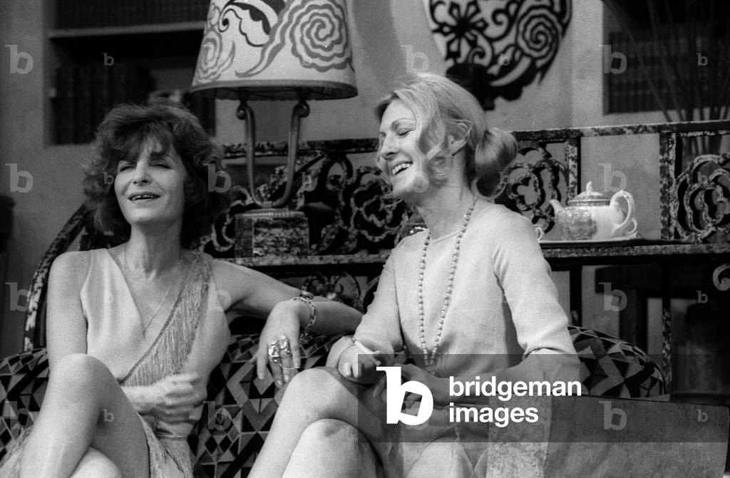 French actresses Maria Pacome and Colette Tesseidre during the TV recording of the play 'L'amant de Madame Vidal' in Theatre Marigny on January 9, 1974