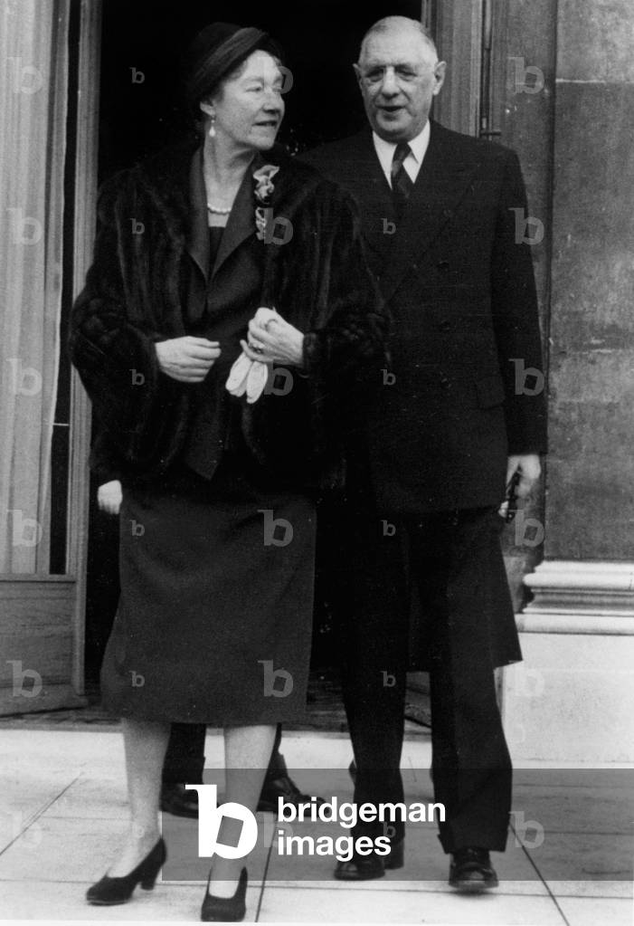 Grand Duchess Charlotte of Luxemburg and French President Charles De Gaulle at The Elysee Palace on February 4, 1961 (b/w photo)