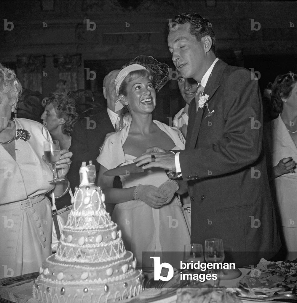 Wedding of French actress Martine Carol and her 1st husband Steve Crane in September 1949 in Monte Carlo (b/w photo)
