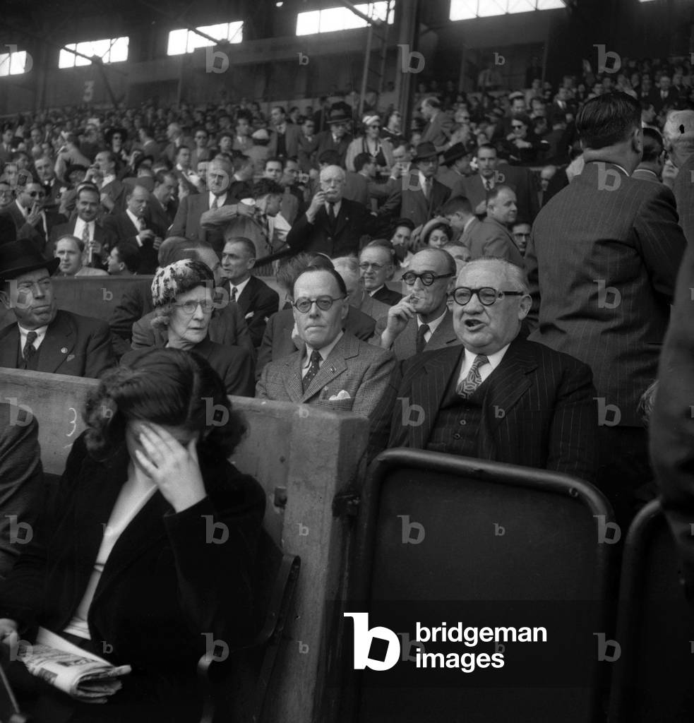Sir Oliver Harvey, british ambassador in Paris, and Ernest Bevin, British Secretary of State for Foreign Affairs, attending the football match between France and England, May 23, 1949, Paris (b/w photo)