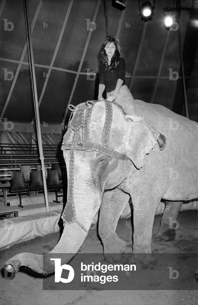 Jane Birkin On Her Elephant Repeats Her Circus Number For The Union Of Artists Gala May 12, 1975. Neg: Cx8088 (b/w photo)