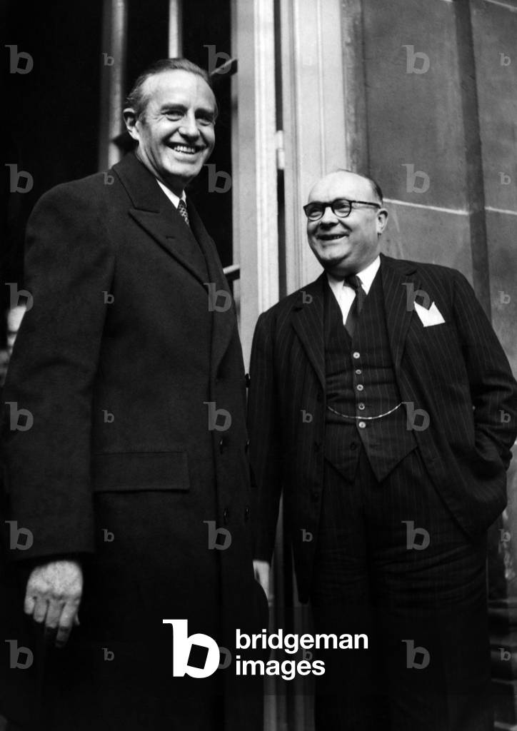 Mr Averelle Harriman Ambassador Extraordinary Of The Marshall Plan And Mr Spaak Belgian Prime Minister Leaving The Belgian Embassy In Paris After Eating There May 11, 1948 (b/w photo)