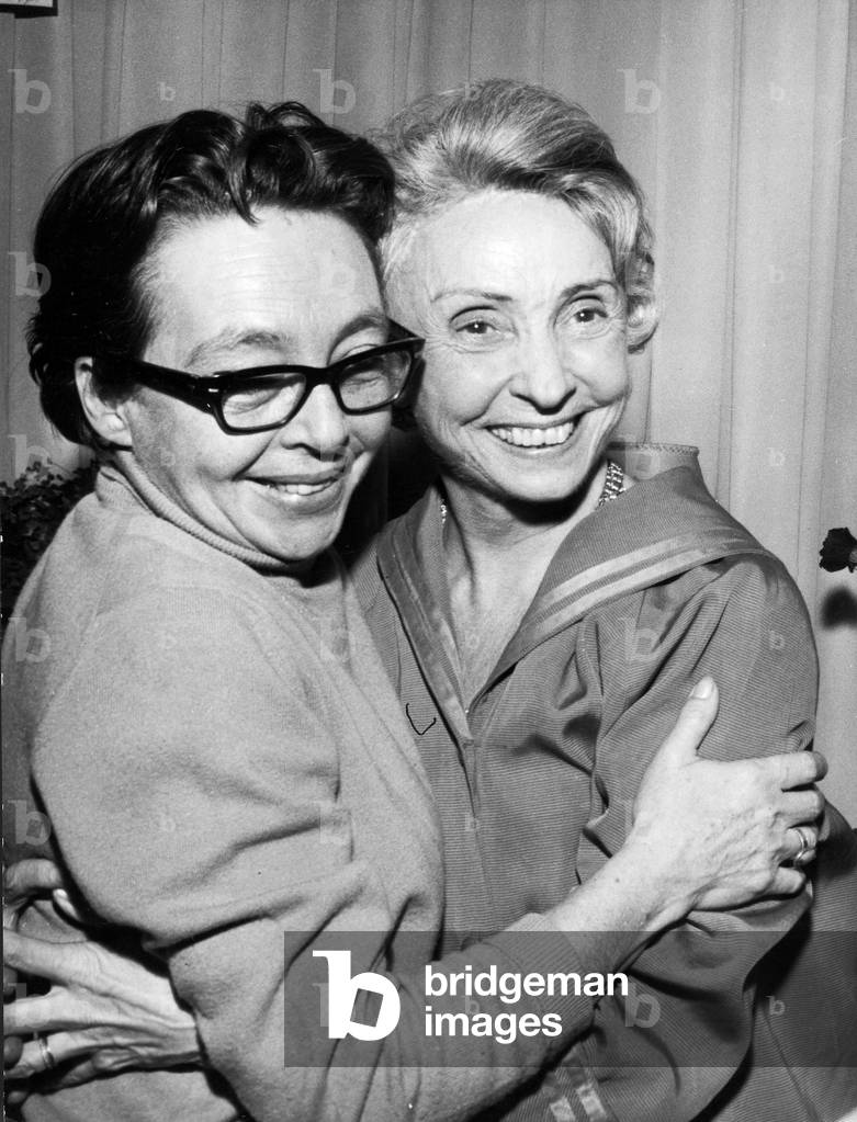 French Writer Marguerite Duras Congratulating Actress Madeleine Renaud during General Rehearsal of her Play 