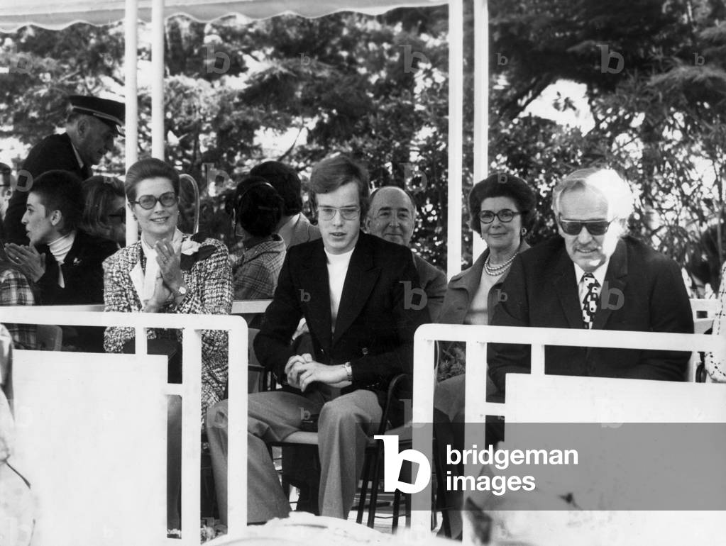 Princess Grace of Monaco, Prince Albert (Future Albert Ii) and Prince Rainier Iii in Gardens of Monaco May 8, 1973 (b/w photo)