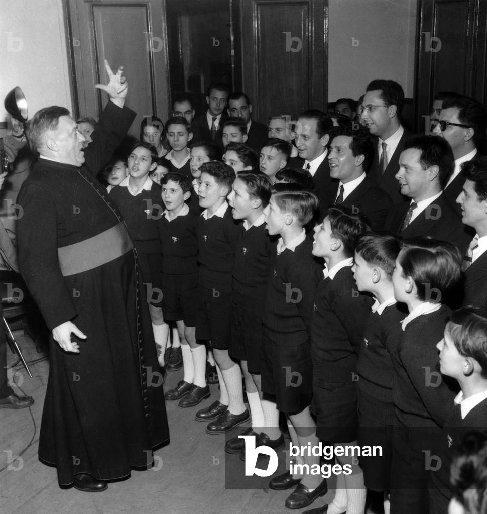 French Vocal Group Les Compagnons De La Chanson, The Little Singers With Wood Crass and Maillet Abbot on February 8, 1955 (b/w photo)
