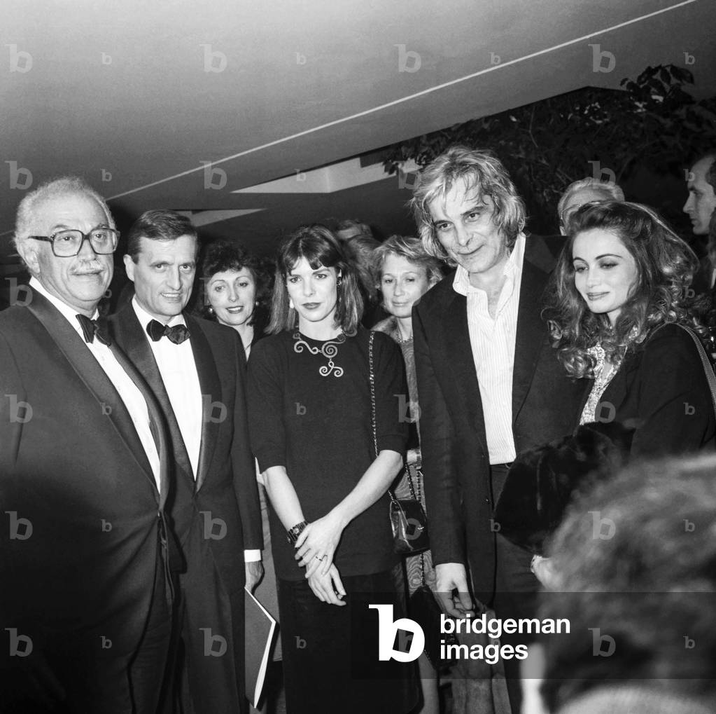 Opening of the theatre in Nice on December 21, 1989 : Jacques Medecin, Francois Leotard, Princess Caroline of Monaco, Jacques Weber and Emmanuelle Beart (b/w photo)