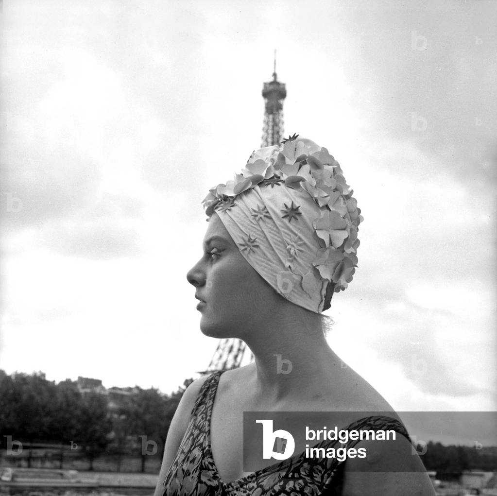 Bathing Cap Created By Hairdresser Antonio July 19, 1963 in Paris (b/w photo)