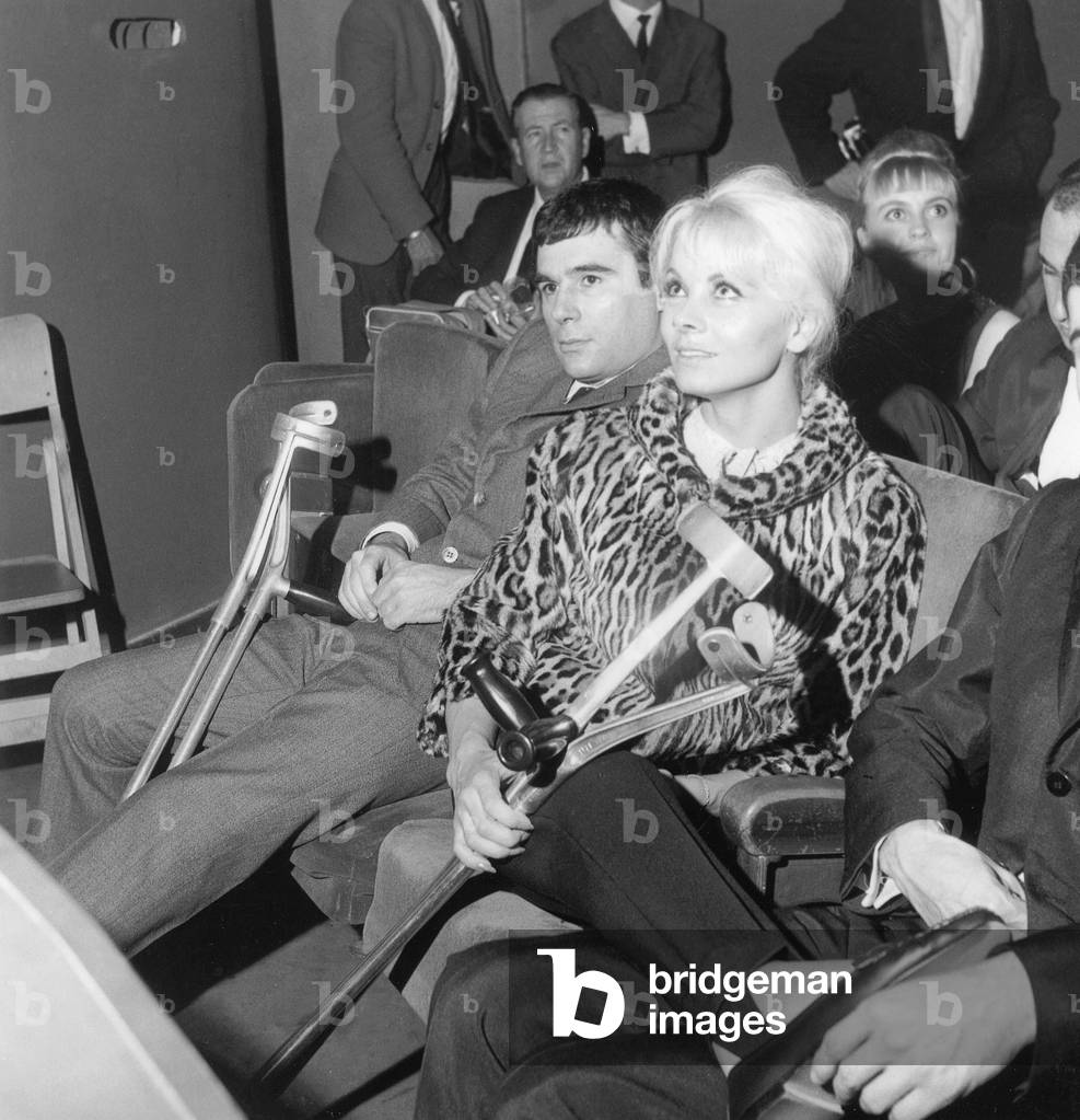 Claude Nougaro and Isabelle Aubret at Concert of Gilbertbecaud at The Olympia in Paris on September 27, 1963 (b/w photo)