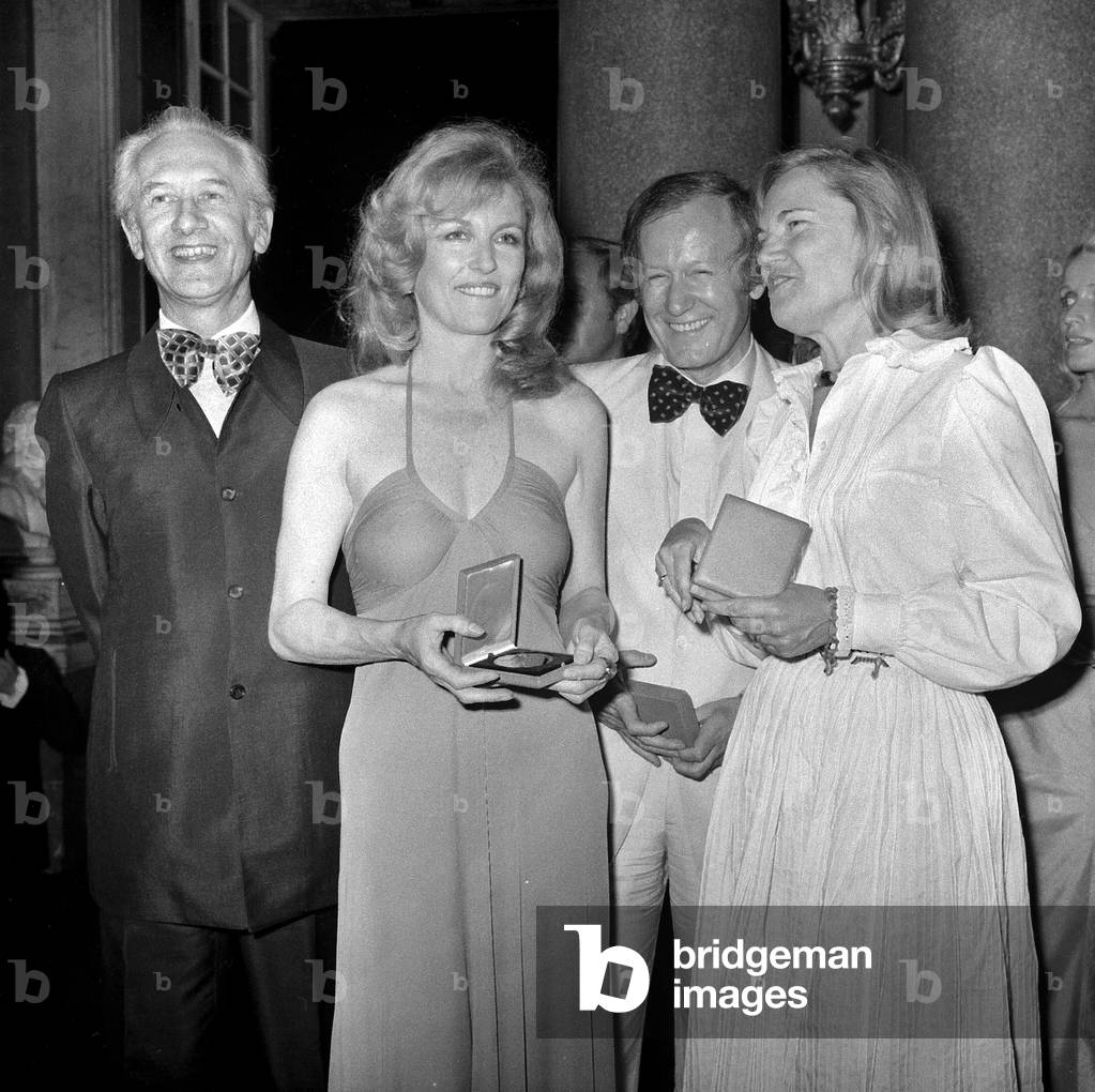 French Actress Nicole Courcel, French Presenters Gilbert and Maritie Carpentier and Jacques Chancel Received Tv-Prize June 20, 1973 (b/w photo)