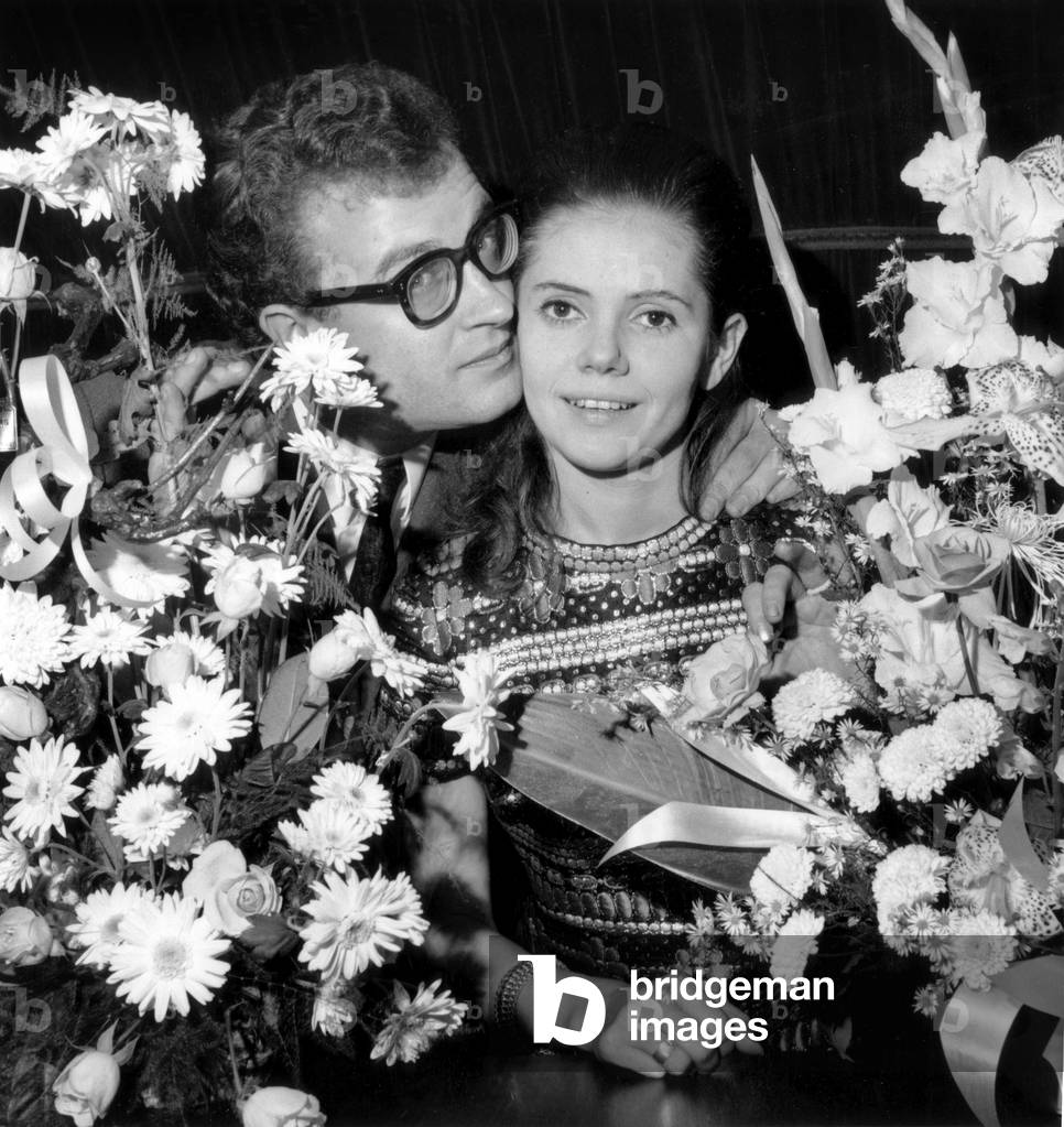 Minou Drouet and Patrick Font Celebrating Their Engagment at The Caveau De La Republique in Paris on October 16, 1969 (b/w photo)