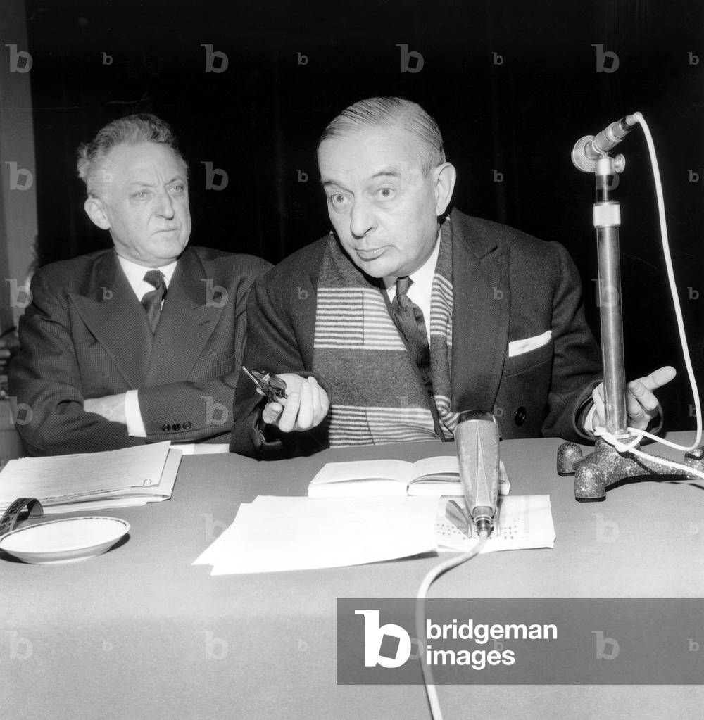 French Politicians Andre Morice and Georges Bidault on January 04, 1961 4Days Before The 1St Referendum About Self-Determination in Algeria, during The War (Georges Bidault Was A Fervent Supporter of French Algeria and Was Important Member of The Union For French Algeria Founded By Jacquessoustelle) (b/w photo)