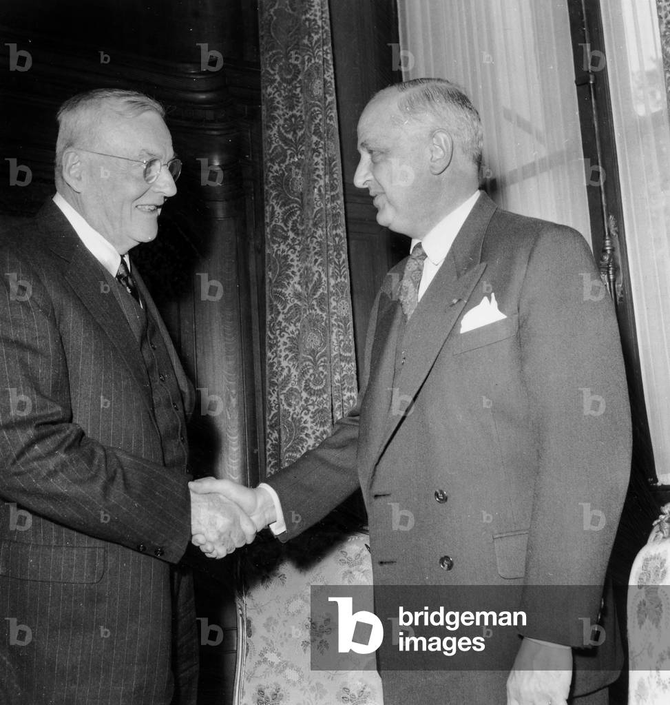 American Secretary of State To Foreign Affairs John Foster Dulles Meeting French Minister of Foreign Affairs Christian Pineau at The Quai D'Orsay in Paris May 02, 1956 at The Time of A French-American Agreement About Nuclear Cooperation (Signed on June 05, 1956) (b/w photo)