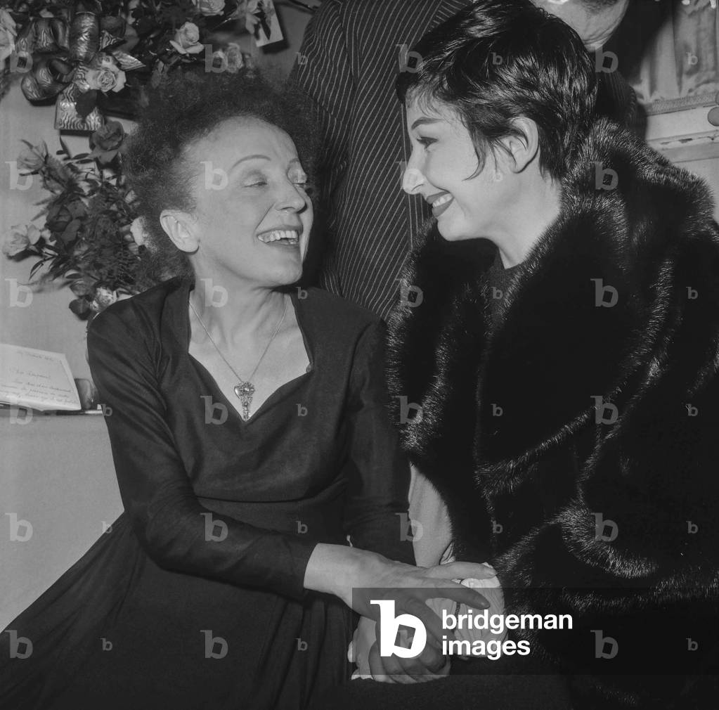 Edith Piaf after concert in backstage at olympia with Zizi Jeanmaire, December 30, 1960 (b/w photo)