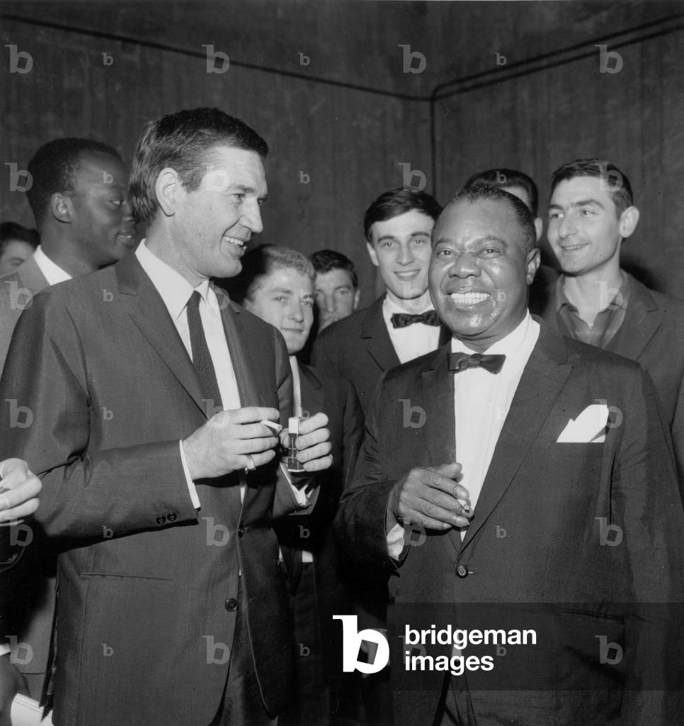 Jazzmen Claude Luter and Louis Armstrong on June 5, 1965 (b/w photo)