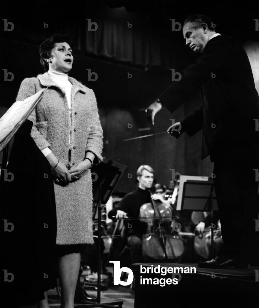 Elisabeth Soderstrom and Antal Dorati, in rehearsal with the Philharmonic Orchestra at La Salle Pleye, Paris, 1966 (b/w photo)
