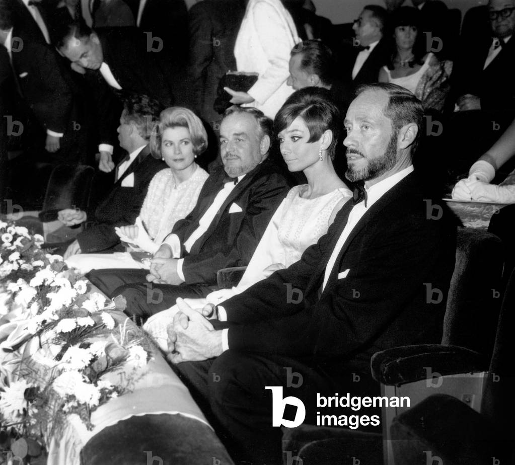Princess Grace and Prince Rainier Iii of Monaco With Audrey Hepburn and Husband Mel Ferrer at Nuit Du Cinema October 28, 1965 (b/w photo)