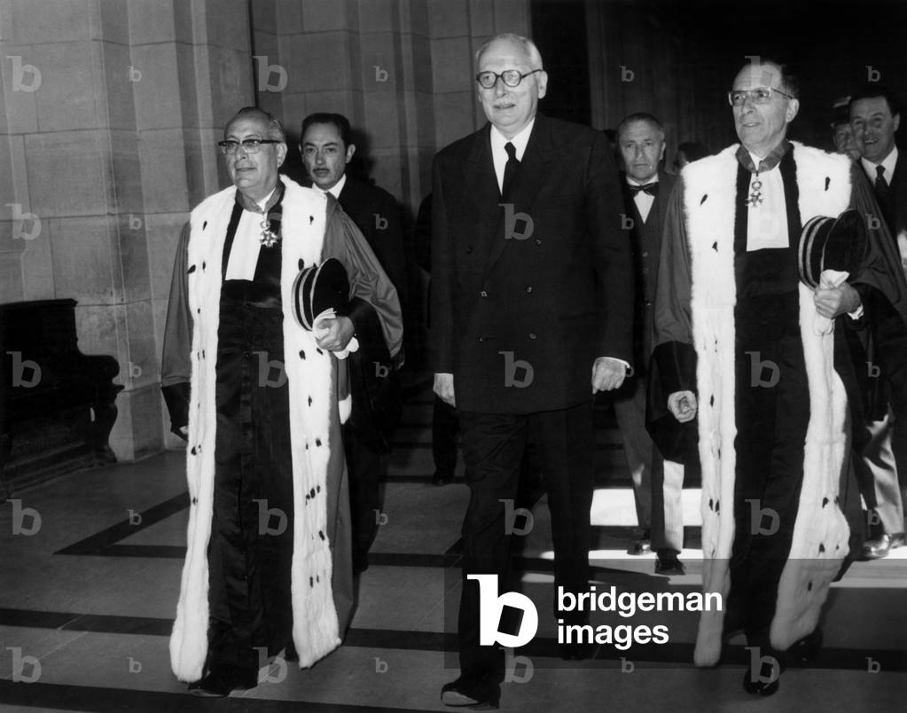 Rene Pleven, French Minister of Justice (C) With Mr Dechezelles, 1St President of Court of Appeal (L) and Christian Chavanon (Public Prosecutor at Court of Appeal, Arriving at Law Court in Paris September 16, 1970 (b/w photo)