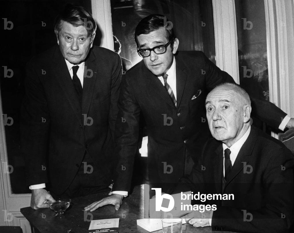 French Writers Pierre Tal Coat, Marius Constant and Jean Grenier Received Successively National Price of Literature, Art and Music, November 26, 1968 (b/w photo)