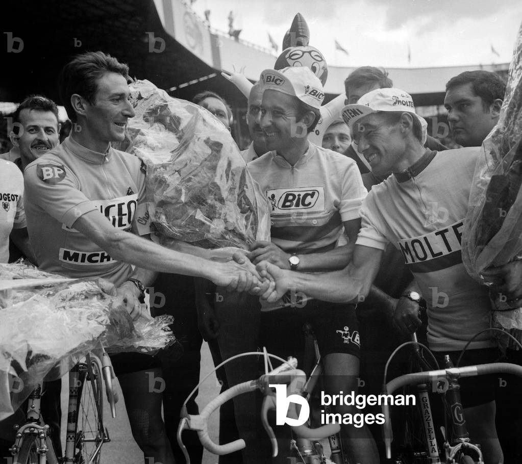 Arrival of Tour De France at Parc Des Princes in Paris on July 23, 1967 : Roger Pingeon (Winner) Julio Jimenez (2Nd) Et Franco Balmamion (3Rd) (b/w photo)