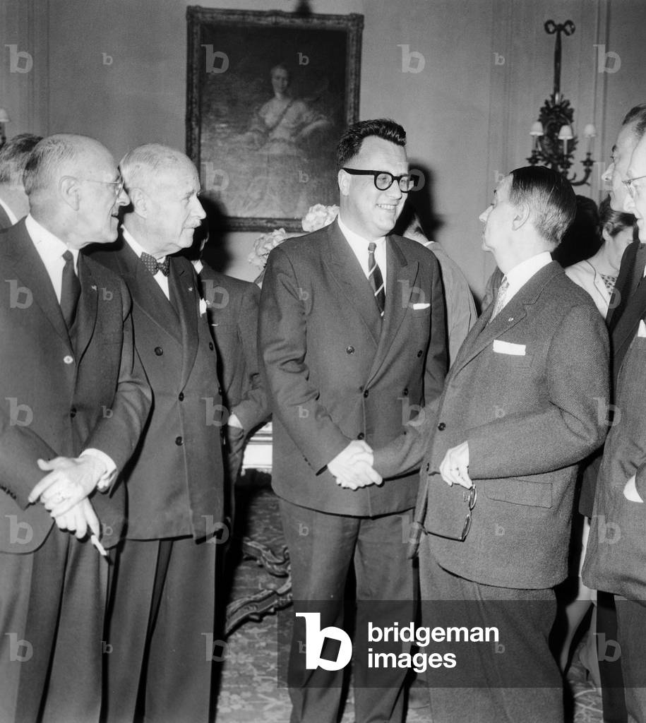 Jacques Nobecourt Receiving Prize and Congratulations of Members of Jury : Andre Chamson, Andre Francois Poncet, Daniel Rops and Julien Cain June 14, 1963 (b/w photo)