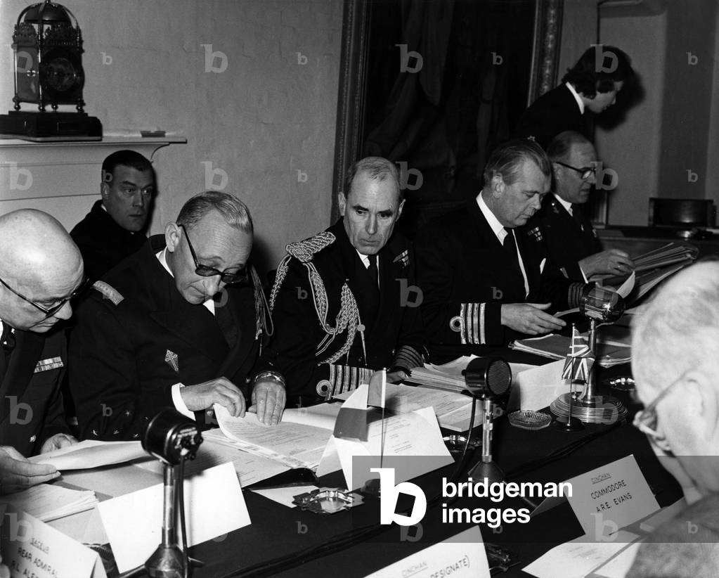 Admiral Du Fleet, Sir Caspar John (Centre) Here As Invite To The Channel Committee Meeting February 20, 1963 In Fort Southwick, Portsmouth With Pgr Mitchell (Left) And Admiral Ge Cabanier (Right). (b/w photo)