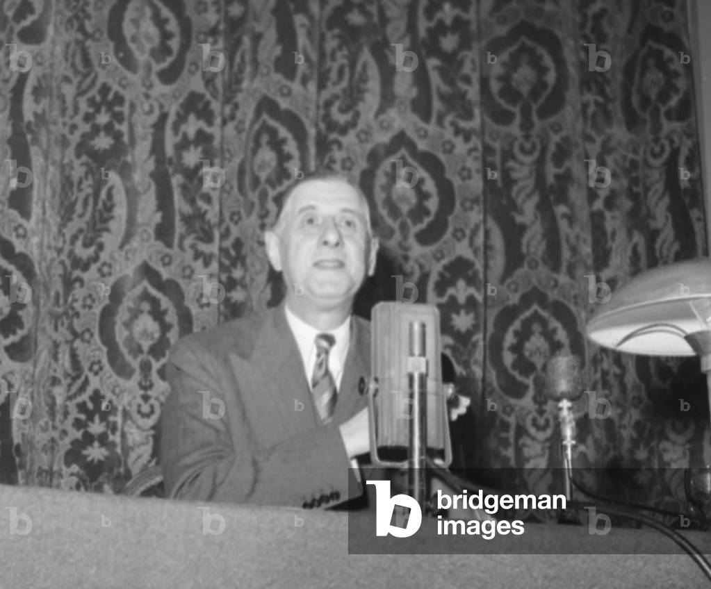 Charles de Gaulle during a press conference at the Palais d'Orsay, Paris, June 22, 1951 (b/w photo)